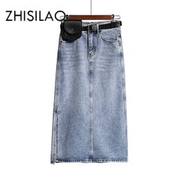 Long Denim Skirt Women Vintage High Wasit Jeans with Belt Plus Size Straight A-line Pencil Elegant Summer Chic 210621