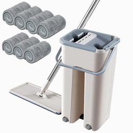 Floor Mop Microfiber Squeeze Mops Wet Mop with Bucket Cloth Squeeze Cleaning Bathroom Mop For Wash Floor Home Kitchen Cleaner 210317