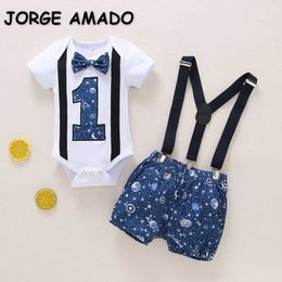 Summer Kids Boys 2-pcs Sets White Letter Bodysuit+Cartoon Universe Overalls Shorts Casual Style Children Clothes E0025 210610