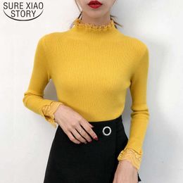 Sweet Lace Turtleneck Stretch Sweater Woman Autumn Casual Solid Long Sleeve Pull Femme Patchwork Knit Sweater Women 6824 50 210527