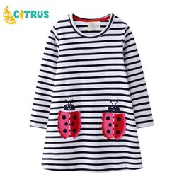 CITRUS 2- 7 Years Kids Girl Spring Dress Toddler Baby Long Sleeve Dresses Striped Animal Cotton Princess Dress Kid Tops Outfits Q0716