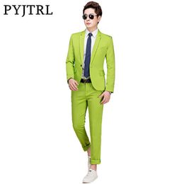 PYJTRL M-5XL Tide Men Colorful Fashion Wedding Suits Plus Size Yellow Pink Green Blue Purple Suits Jacket and Pants Tuxedos X0909