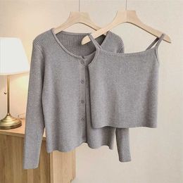 Casual Sling Camisole Knitted Cardigan Jacket Women Korean Fashion Basic Vest+long Sleeve Top Solid 2 Piece Set Sweater Oversize 211221