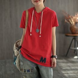 New Summer Korea Fashion Women Short Sleeve Casual T-shirt 100% Cotton Loose Hooded Tee Shirt Femme Tops Plus Size S291 210311