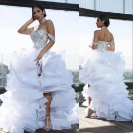 Gorgeous Ruffles Wedding Dresses Bridal Gown Beaded Lace Applique Off The Shoulder Organza Zipper Back Custom Made Plus Size Vestidos De Novia Side Slit 2022 403