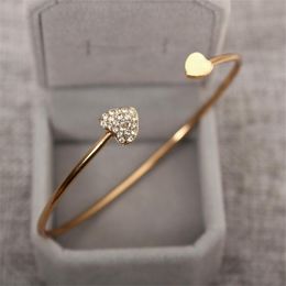 Bangle 2021 Fashion Adjustable Crystal Double Heart Bow Bilezik Cuff Opening Bracelet For Women Jewelry A051