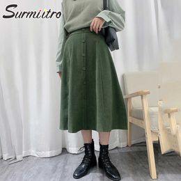 SURMIITRO Fashion Spring Autumn Green Corduroy Midi Skirt Women Korean Style Aesthetic High Waist Long Skirt Female 210712