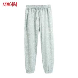 Tangada Women Summer Pockets Floral Print Jogging Pants Vintage High Elastic Waist Drawstring Female Trousers Mujer BE795 210609
