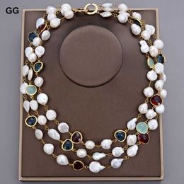 GuaiGuai Jewellery 20" 3 Rows White Baroque Keshi Coin Pearl Crystal Necklace For Women