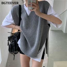 BGTEEVER Casual Loose Split Sweaters Vests Women 2020 V-neck Solid SleevelKnitted Pullovers Female Streetwear Autumn Winter X0721