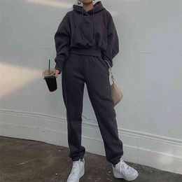 Hoodies Suit Winter Spring Solid Casual Tracksuit Women Velvet 2 Pieces Set Sports Sweatshirts Pullover Home Sweatpants Outfits 210721