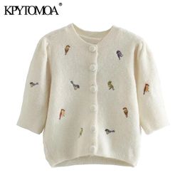KPYTOMOA Women Fashion With Embroidery Cropped Knitted Cardigan Sweater Vintage Puff Sleeve Female Outerwear Chic Tops 211221
