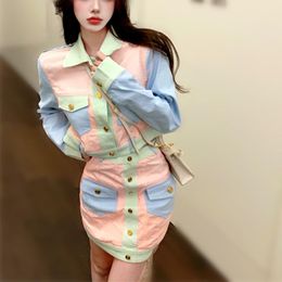Two Piece Dress Autumn Spring Women Macaron Colourful Coats Patchwork Baseball And Mini Party Ladies Skirts Clothing Set Suits NS951