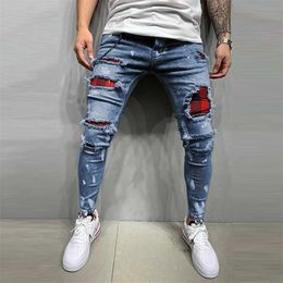 Men's Quilted Embroidered jeans Skinny Jeans Ripped Grid Stretch Denim Pants MAN Patchwork Jogging Trousers S-3XL 211111