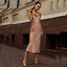 Summer Sexy Satin Smooth Sling Dress Women Square collar Backless Long Dress Female Solid Colour Fashion Slim Party Dresses 210715