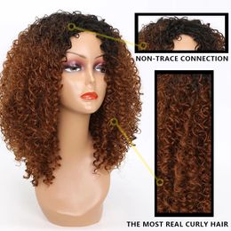 16inch Afro Kinky Curly Wig Synthetic Short Wig With Bangs Mixed Brown and Blonde Wig for Black Womenfactory direct