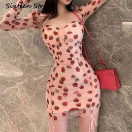 Autumn strawberry embroidery sequins Dress woman pink mesh Long-sleeve square collar sheath dress female sexy casual 210603