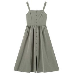 PERHAPS U Strap Solid Green Button Slash Neck Sleeveless Midi Dress A Line Summer Casual D0472 210529