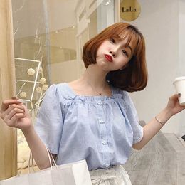 Japan Style Fresh Blue Square Neck Short Sleeve Striped Blouse Women Summer Loose Student Tops Blusas Single-breasted Shirts 210610
