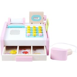 Simulation Cash Register Children Montessori Educational Toys Pink Wooden For Cashier Desk Baby Birthday Gift