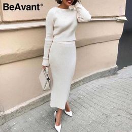 BeAvant Elegant stripe two piece dress White round neck knit dress High waist street style Autumn winter dress two piece set 210709