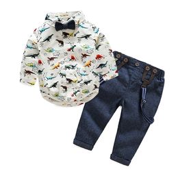 and Top Toddler Baby Boy Clothes Cartoon Dinosaur Print Long Sleeve Denim Pants Casual Costume Suit Infant Outfits Set 210309