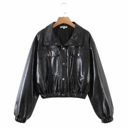 Women's Leather & Faux 2021winter Women Padded PU Coat Fur Parka Jacket Warm Croped Long Sleeve Outwear Motorcycle Black Short