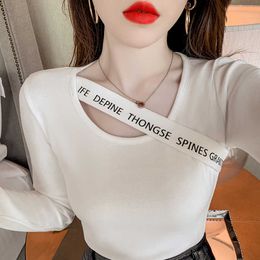 Korean Top Womens Clothing Spring Solid Tshirt Sexy Long Sleeve T-shirt Hollow Out Women Fashion Tee Shirt Femme 210604