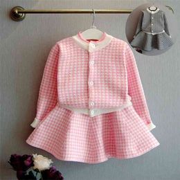 Arrivals Summer Children Sets Long Sleeve Single Breasted Sweater Houndstooth Skirt 2Pcs Girls Clothes 2-7T 210629