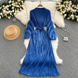 Casual Dresses Autumn Women Pleated Maxi Dress Solid Vintage Fashion Elegant Long Sleeve Vestidos Female Robe Woman Clothing 2021