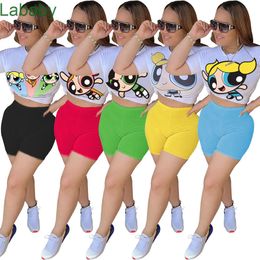 Women Tracksuits Fashion Casual Cartoon Pattern Printed Round Neck Short Sleeve Top T-shirt Shorts Two Piece Set Ladies New Outfits 2021