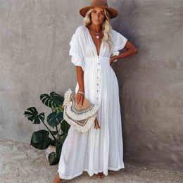 TEELYNN Sexy Deep V Neck Maxi Dres Backless White Cotton Boho dresses Summer Ruffles Casual beach Bikini Cover Up 210722