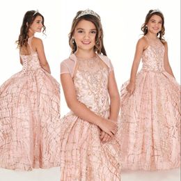2021 Cute Flower Girls Dresses For Wedding Blush Pink With Jacket Sequined Lace Rose Gold Crystal Beads Ball Gown Birthday Party White First Communion Dress