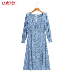 Tangada Autumn Fashion Women Blue Flowers Print Dress Back Zipper Long Sleeve Ladies Midi Dress 1F230 210609