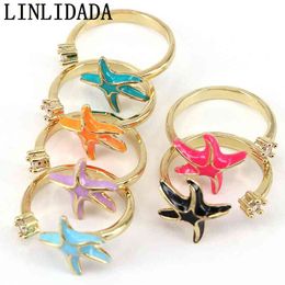 10Pcs Fashion Enamel Starfish Adjustable Ring Gold Plated Ring, Summer Beach Jewelry, Gift For Her