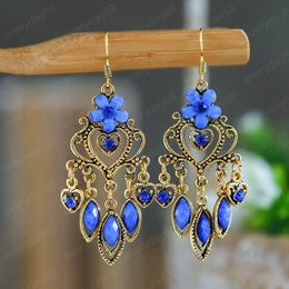 Bohemia Heart-shaped Geometric Ethnic Retro Earring Oxidized Blue Flower Crystal Tassel Dangle Earrings For Women Gift