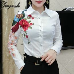 Dingaozlz Fashion Women White Shirt Female long-sleeved embroidered Tops Turn down collar OL blouse Blusa 21302