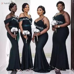 Black Plus Size Bridesmaid Dresses Mermaid Spaghetti Straps Beaded Satin Custom Made Ribbon Floor Length Maid Of Honour Gown Beach Wedding Wear 403 403