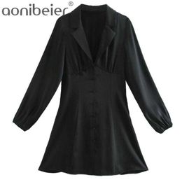 Summer Silk Texture Retro Mini Black Dres Long Sleeve Loose Turn-down Collar Elegant Office Dresse 210604