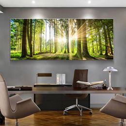 Modern Big Size Canvas Painting Natural Green Tree Forest Sunset Landscape Posters and Prints Wall Art Picture For Living Room