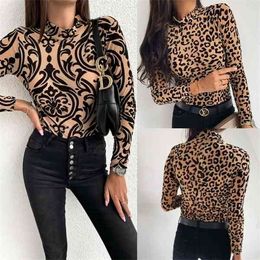 Sexy Fashion Women Tee Top Pullover Leopard Floral Long sleeve High Neck Club Casual Style Fall Clothes Turtleneck Slim T-shirts X0628