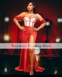 Aso Ebi Velvet Prom Dress Mermaid Off Shoulder Slit Red Carpet Party Wear for Women African Evening Gowns