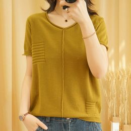 shintimes V-Neck Patchwork Solid Tee Shirt Femme Knitted Sweater T-Shirt Tops Women Summer T Shirt Womens Femme T-Shirts 210306