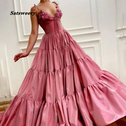 2023 Elegant Pink V-Neck Pleated A-Line Prom Dress Sexy Spagetti Straps Backless Evening Dress Plus Size Party Dress with Flowers
