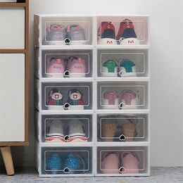 6pc Transparent shoe box storage shoe boxes thickened dustproof shoes Organiser box can be superimposed combination shoe cabinet 210315