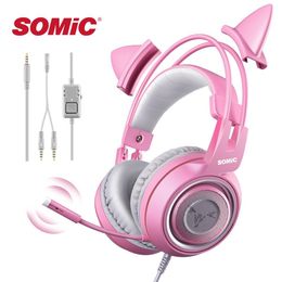 SOMIC Wired Cat Ear Headset Cute PC With Microphone 3.5mm Gaming Phone PS4 Overear Gamer G951s Pink
