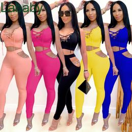 Women Tracksuits Two Pieces Sleeveless Long Pants Summer Sexy Vest Strap Desiger Outfits Sportswear Jogging Femme Clothing 2021