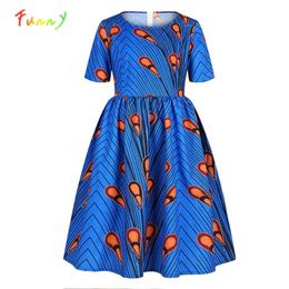 Floral National Print African Dresses for Kids Costume High Waist Pleated Girls Summer Dress Party African Clothes 8 10 12 Years Q0716