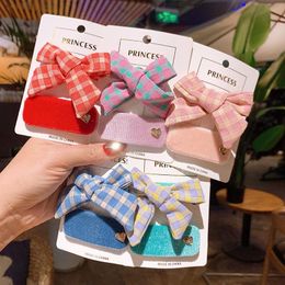 Korean Small Fresh Fabric Chequered Headwear Bow Children Hair Clip Girl Bb Clip Cute Hair Ornament Set