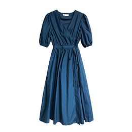 PERHAPS U Blue Black V Neck Short Sleeve Midi Dress Empire Summer Elegant Wrap D1668 210529